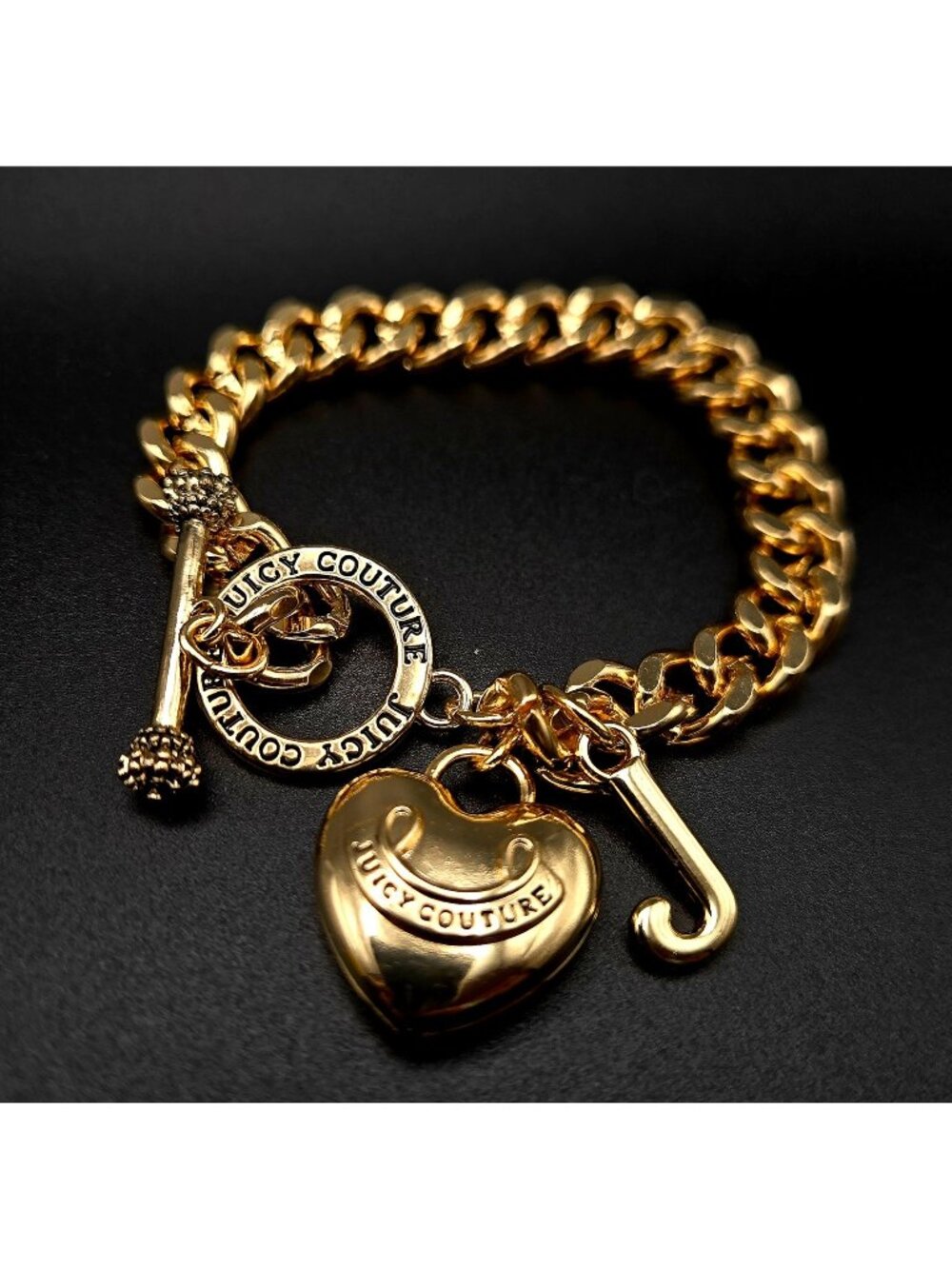 Juicy Couture Heart Toggle Bracelet with Initial and Rhinestones